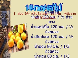1   ส่วน ให้คาร์โบไฮเดรต    15   กรัม     พลังงาน    60   กิโลแคลอรี หมวดผลไม้ น้ำผลไม้ น้ำส้ม   120   มล . /  ½  ถ้วยตวง น้ำแอปเปิ้ล   120   มล . /  ½  ถ้วยตวง น้ำสับปะรด   120   มล . /  ½  ถ้วยตวง น้ำองุ่น   80   มล . /  1/3   ถ้วยตวง น้ำพรุน   80   มล . /  1/3   ถ้วยตวง  