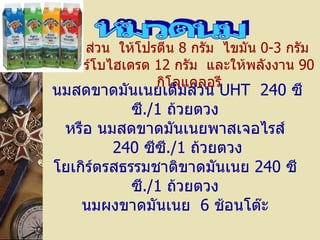 1   ส่วน    ให้โปรตีน  8   กรัม    ไขมัน  0-3   กรัม คาร์โบไฮเดรต  12   กรัม    และให้พลังงาน  90   กิโลแคลอรี หมวดนม   นมสดขาดมันเนยเต็มส่วน   UHT    240   ซีซี ./ 1   ถ้วยตวง หรือ นมสดขาดมันเนยพาสเจอไรส์    240   ซีซี ./ 1   ถ้วยตวง โยเกิร์ตรสธรรมชาติขาดมันเนย   240   ซีซี ./ 1   ถ้วยตวง นมผงขาดมันเนย    6   ช้อนโต๊ะ   