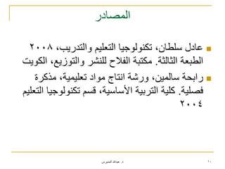‫د‬.‫المديرس‬ ‫عبدهللا‬ 10
‫المصادر‬
،‫والتدريب‬ ‫التعليم‬ ‫تكنولوجيا‬ ،‫سلطان‬ ‫عادل‬2008
‫الثالثة‬ ‫الطبعة‬.‫الكويت‬ ،‫والتوزيع‬ ‫للنشر‬ ‫الفالح‬ ‫مكتبة‬
‫مذكرة‬ ،‫تعليمية‬ ‫مواد‬ ‫انتاج‬ ‫ورشة‬ ،‫سالمين‬ ‫رابحة‬
‫فصلية‬.‫التعليم‬ ‫تكنولوجيا‬ ‫قسم‬ ،‫األساسية‬ ‫التربية‬ ‫كلية‬
2004
 