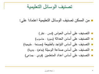 ‫د‬.‫المديرس‬ ‫عبدهللا‬ 3
‫التعليمية‬ ‫الوسائل‬ ‫تصنيف‬
‫عمى‬ ‫اعتمادا‬ ‫التعميمية‬ ‫الوسائل‬ ‫تصنيف‬ ‫الممكن‬ ‫من‬:
‫اس‬‫و‬‫الح‬ ‫أساس‬ ‫عمى‬ ‫التصنيف‬(‫لمس‬–‫نظر‬)
‫الحداثة‬ ‫أساس‬ ‫عمى‬ ‫التصنيف‬(‫ة‬‫ر‬‫سبو‬–‫حاسوب‬)
‫بالطبيعة‬ ‫اجد‬‫و‬‫الت‬ ‫أساس‬ ‫عمى‬ ‫التصنيف‬(‫مصنعة‬–‫طبيعية‬)
‫عمى‬ ‫التصنيف‬‫الوسيمة‬ ‫صناعة‬ ‫أساس‬(‫ة‬‫ز‬‫جاى‬–‫يدوية‬)
‫المتعممين‬ ‫اعداد‬ ‫أساس‬ ‫عمى‬ ‫التصنيف‬(‫فردي‬–‫جماعي‬)
 