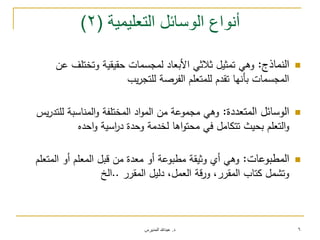 ‫د‬.‫المديرس‬ ‫عبدهللا‬ 6
‫التعليمية‬ ‫الوسائل‬ ‫أنواع‬(2)
‫النماذج‬:‫عن‬ ‫وتختمف‬ ‫حقيقية‬ ‫لمجسمات‬ ‫األبعاد‬ ‫ثالثي‬ ‫تمثيل‬ ‫وىي‬
‫يب‬‫ر‬‫لمتج‬ ‫الفرصة‬ ‫لممتعمم‬ ‫تقدم‬ ‫بأنيا‬ ‫المجسمات‬
‫المتعددة‬ ‫الوسائل‬:‫يس‬‫ر‬‫لمتد‬ ‫المناسبة‬‫و‬ ‫المختمفة‬ ‫اد‬‫و‬‫الم‬ ‫من‬ ‫مجموعة‬ ‫وىي‬
‫احده‬‫و‬ ‫اسية‬‫ر‬‫د‬ ‫وحدة‬ ‫لخدمة‬ ‫اىا‬‫و‬‫محت‬ ‫في‬ ‫تتكامل‬ ‫بحيث‬ ‫التعمم‬‫و‬
‫المطبوعات‬:‫المتعمم‬ ‫أو‬ ‫المعمم‬ ‫قبل‬ ‫من‬ ‫معدة‬ ‫أو‬ ‫مطبوعة‬ ‫وثيقة‬ ‫أي‬ ‫وىي‬
‫المقرر‬ ‫دليل‬ ،‫العمل‬ ‫قة‬‫ر‬‫و‬ ،‫المقرر‬ ‫كتاب‬ ‫وتشمل‬..‫الخ‬
 