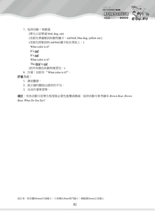 Taipei
                                                                                 【臺北市政府教育局】> > >


                                                                                      攜手激勵學習潛能計畫
                                                                                      英語科     補救教材手冊 低 年 級 版




         (                  bird, dog, cat)
         (                                        red bird, blue dog, yellow cat.)
         (                       red bird                        )
             What color is it?
             It’s red.
             It’s red.
             What color is it?
             The bird is red.
         (                                 )
    8.                     ” What color is it?”


    1.
    2.
    3.

                                                                                          Brown Bear, Brown
Bear, What Do You See?




                (Donna)                     (Lillian)                (Irene)
                                                                                                         83
                                                        85
 