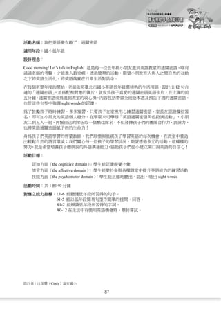 Taipei
                                                 【臺北市政府教育局】> > >


                                                  攜手激勵學習潛能計畫
                                                   英語科    補救教材手冊 低 年 級 版




Good morning! Let’s talk in English!



                                                                    12


                        sight words




                   the cognitive domain
                   the affective domain
                   the psychomotor domain                 sight words

               1     40

                     L1-6
                     S1-5
                     R1-2
                     A0-12




                Cindy
                                                                        85
                                            87
 