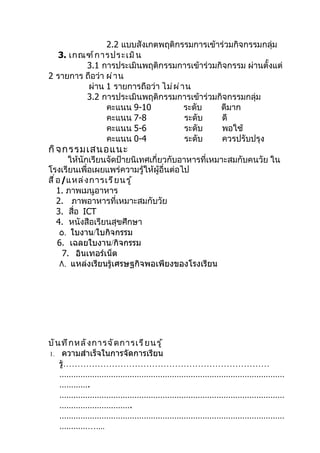 2.2 แบบสังเกตพฤติกรรมการเข้าร่วมกิจกรรมกลุ่ม
   3. เกณฑ์ ก ารประเมิ น
         3.1 การประเมินพฤติกรรมการเข้าร่วมกิจกรรม ผ่านตั้งแต่
2 รายการ ถือว่า ผ่ า น
          ผ่าน 1 รายการถือว่า ไม่ ผ ่ า น
         3.2 การประเมินพฤติกรรมการเข้าร่วมกิจกรรมกลุ่ม
                คะแนน 9-10             ระดับ ดีมาก
                คะแนน 7-8              ระดับ ดี
                คะแนน 5-6              ระดับ พอใช้
                คะแนน 0-4              ระดับ ควรปรับปรุง
กิ จ กรรมเสนอแนะ
        ให้นักเรียนจัดป้ายนิเทศเกี่ยวกับอาหารที่เหมาะสมกับคนวัย ใน
โรงเรียนเพื่อเผยแพร่ความรู้ให้ผู้อื่นต่อไป
สื ่ อ /แหล่ ง การเรี ย นรู ้
     1. ภาพเมนูอาหาร
     2. ภาพอาหารที่เหมาะสมกับวัย
     3. สือ ICT
          ่
     4. หนังสือเรียนสุขศึกษา
      ٥. ใบงาน/ใบกิจกรรม
     6. เฉลยใบงาน/กิจกรรม
       7. อินเทอร์เน็ต
      ٨. แหล่งเรียนรู้เศรษฐกิจพอเพียงของโรงเรียน




บั น ทึ ก หลั ง การจั ด การเรี ย นรู ้
1. ความสำาเร็จในการจัดการเรียน
    รู………………………………………………………………
      ้
    ……………………………………………………………………………………
    ………….
    ……………………………………………………………………………………
    ………………………….
    ……………………………………………………………………………………
    ……………....
 