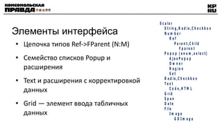 Элементы интерфейса Цепочка типов Ref->FParent (N:M) Семейство списков Popup и расширения Text и расширения с корректировкой данных Grid — элемент ввода табличных данных 