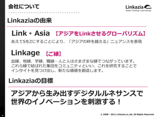 会社について

    Linkaziaの由来

     Link 〒 Asia   【アジアをLinkさせるグローバリズム】
    あえてSをZにすることにより、「アジアの枠を越える」ニュアンスを表現


    Linkage   【ご縁】
    血縁、地縁、学縁、職縁…人と人はさまざまな縁でつながっています。
    これら縁で結ばれた集団をコミュニティといい、これを研究することで
    インサイトを見つけ出し、新たな価値を創造します。

    Linkaziaの目標

    アジアから生み出すデジタルルネサンスで
    世界のイノベーションを刺激する！
                            © 2008 - 2011 Linkazia.co.,ltd. All Rights Reserved
3
 