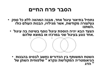 הסבר פרח החיים נתחיל בתיאור עיגול אחד ,  מבנה המהווה ללא כל ספק גוף / צורה מקודשת ,  אשר מגילויו ,  הבנות העולם כולו השתנו . הצעד הבא יהיה הוספת עיגול נוסף בשיטה בה עיגול אחד נוגע בעיגול שני במרכזו או במוצא שלהם . השטח המשותף בין הכדורים נחשב לבסיס בהבנות הגיאומטריה המקודשת ונקרא  "  שלפוחית השתן של הדג "  