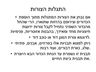 התגלות הצורות אם נבחן את הצורות המתגלות מתוך הוספת הכדורים וצירופם בהזזות שתוארו ,  הרי שהחל מהכדור השמיני נתחיל לקבל צורות ידועות חיצוניות מחד ומאידך ,  בהבנות אזוטריות ,  פנימיות לדוגמא צורת המגן דוד או כוכב דוד . ניתן למצוא תבניות אלו בפרחים ,  אבנים ,  פתיתי שלג ,  כוורת דבורים ,  ועוד רבות . תבנית זו נשמרת עד הנחת הכדור הבא היוצרת את תבנית ביצת החיים . 