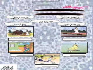 أقرأ الجمل التالية ثم أضع كل جملة تحت الصورة المناسبة لها: يغرد العصفور بصوت جميل . يسير أحمد على الرصيف  . الفلاح  يحرث الأرض  . يشارك سالم في السباق  . يتسلق الولد الشجرة  . ....................................... ....................................... ....................................... ....................................... ....................................... النشاط الخامس 