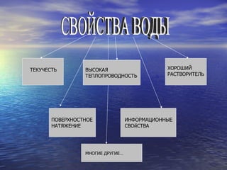 СВОЙСТВА ВОДЫ ТЕКУЧЕСТЬ ВЫСОКАЯ ТЕПЛОПРОВОДНОСТЬ ХОРОШИЙ РАСТВОРИТЕЛЬ ПОВЕРХНОСТНОЕ НАТЯЖЕНИЕ ИНФОРМАЦИОННЫЕ СВОйСТВА МНОГИЕ ДРУГИЕ… 