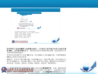 汽车和军工企业是襄阳工业的最大亮点 ，目前 汽车工业产值占全市工业总产值的 48% ，几乎是半壁江山了 。我们是东风汽车重要的事业基地，也是国家汽车动力和零部件制造基地之一。 全市汽车及零部件生产企业 300 多家，其中规模以上企业 240 多家，年销售额接近 300 亿元的龙头企业有 2 家。 2010 年，全市生产整车 48 万辆，发动机 66 万台，车桥 119 万根，全年实现汽车工业产值 1100 亿元，同比增长 56 ％。除了实现千亿产值外，襄阳的汽车及零部件产业还具备“多品种、宽系列、高智能、模块化、纯电动”等鲜明特色。 　　在壮大传统汽车产业的同时，我们正重点发展 新能源汽车 。目前，襄阳是国务院批准的“国家公共领域节能与新能源汽车示范推广试点城市”，也是国家工信部确定的“新兴工业化新能源汽车产业示范基地”，国家质检局又刚刚批准设立了国家动力蓄电池检验检测中心。襄阳现有新能源汽车研发和生产的企业及院所 15 家，已启动了整车、动力电池、驱动电机、驱动系统模块、控制器等大型项目建设。按照规划，到 2015 年末，全市新能源汽车产业整车达到 2 万～ 5 万辆的产能，形成 11 个系列的整车型谱，动力电池达到 30 亿～ 60 亿安时产能，驱动电机驱动系统和驱动模块（含控制器）达到 5 万～ 10 万套产能，形成 30 家以上企业的产业集群，实现产值 1000 亿元。 　我们不仅主攻汽车产业，还注重多项产业支撑，装备制造业、冶金建材、电子电器产业都要做出自己的特色。比如说，我们充分发挥军工企事业单位相对集中的优势，全面加强与央企集团的合作，在新一代信息技术、高端制造业、新材料、生物产业、航空航天产业等领域取得了实质性进展，提高了产业竞争力，全市有 13 家企业的规模跃居全国同行业第一，在全国排名前列的特色产业集群也增加到了 28 个。 