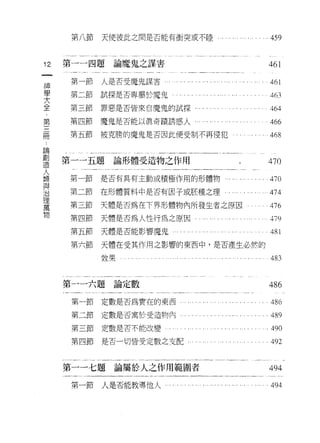 第八節   天使彼此之間是否能有 fIDJ突或不睦 I                   。 459




12   第一一四題論魔鬼之謀害                                     461
一
神     第一節   人是否受魔鬼謀害                                 461
學    第二節    試探是否專屬於魔鬼                                463
大    第三節    罪惡是否皆來自魔鬼的試探                             464
全    第四節    魔鬼是否能以真奇蹟誘惑人﹒
第                                                    466

三    第五節    被克勝的魔鬼是否因此便受制不再侵犯                        468
冊
﹒    第一一五題論形體受造物之作用                                  470
論
創    第一節    是否有具有主動或積極作用的形體物                         470
造    第二節    在形體質料中是否有因子或胚種之理                         474
人    第三節    天體是否為在下界形體物內所發生者之原因                      476
類    第四節    天體是否為人性行為之原因                             479
與    第五節    天體是否能影響魔鬼    .   ... ......... ....... ...481
治
理    第六節    天體在受其作用之影響的東西中，是否產生必然的

萬           放果                                       483
物
     第一一六題論定數                                        486
      第一節   定數是否為實在的東西                               486
      第二節定數是否寓於受造物內                                  489
      第三節定數是否不能改變                                    490
      第四節   是否一切皆受定數之支配，                             492


     第一一七題論屬於人之作用範閻者                                 494

      第一節   人是否能教導他人                                 494
 