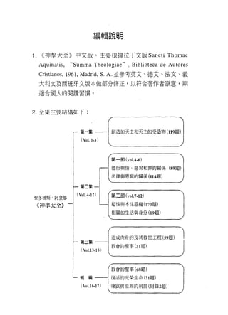 編輯說明


1. ((神學大全》中文版，主要根據拉丁文版 Sancti Thomae
 Aqullla tI S, “ Summa Theo1ogiae" , Bib1ioteca de Autores
 Cristian肘， 196 1, Madrid , S. A.. 並參考英文、德、文、法文、義
 大利文及西班牙文版本做部分修正，以符合著作者原意，期

 適合國人的閱讀習慣。



2. 全集主要結構如下:



                 第一集                創造的天主和天主的受造物 (119題)




                                    第一部(、'0 1. 4-6)

                                    德行與情、惡習和罪的關係       (89題)

                                    法律與恩寵的關係 (114題)


                 第二集一

               (Vo l. 4-12)         第二部(、10 1. 7-12)
望多瑪斯﹒阿奎那

《神學大全》一                             超性與本性恩寵 (170題)

                                    相關的生活與身分 (19題)




                                    道成肉身的及其救世工程 (59題)
                 第三集
                                    教會的聖事 (31 題)
                 ('0 1.1 3-15 )



                                   !教會的聖事 (68題)

                摘編一一→復活的光榮生命 (31 題)

                 ('0 1.1 6-17 )   煉獄與原罪的刑罰(附錄2題)
 
