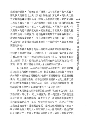 或高度的愛德，   í 焚燒」或「熾熱」之名稱即含有此一意義。

因此狄奧尼修在《上天(天使)階級論》第七章，是以火之性
質來解釋色辣芬這個名稱﹒因為火具有高度的熱。我們可以從
                                      叫
                                      一
                                      {
三方面去看火。第一，火立動態是一直向上的。這指色辣芬專

心一志地嚮往天主。第二，火之積極能力，即熱力。而火中不           第
只有熱，乃是有極高度的熱，其作用能力非常深入，能透入極           一
微細的地方，非常強烈。這指色辣芬對屬下之作用極為強大，           集
激發他們有同樣的熱火，並以火使他們完全淨化。第三，是看       O   )
火之光明。這是指這類天使本身帶有不滅的光明，並完美地光
                                  八
                                  題   第
                                  ﹒
                                  論
                                      一
照別的天使。
                                  天
   革魯賓之名稱也是從一種超等的或高深的知識而來的，       使
                                  按
                                  等
意思是「圓滿的知識」。狄奧尼修《上天階級論》第七章是從四      級
                                  和
方面去解釋:第一，對天主的完美認知;第二，受有完美的天
                                  品
                                  級
主之光照;第三，他們在天主內看到來白天主的萬物之秩序的       之
                                  排
完美;第凹，將其握有之知識大量注輸給別的天使。
                                  列
   6. 上座者這一品級之高於較低的品級的地方，在於他們能

直接在天主內看到神聖事物之理。但是革魯賓長於知識，色辣芬

長於熱情。雖然在這兩種優長中包括有第三種優長，但這第三種

優長，即上座者之優長，並不包括前兩種優長。故此上座者之品

級有別於革魯賓及色辣芬之品級。因為一切東西的共同原理，是

低級者的優長包括在高級者的優長中，反之則不然。

   狄奧尼修是比照物質界的座位來解釋上座者之名稱( ((上
天階級論》第七章)﹒可以分為四點。第一是位置，因為座位是

高於平地的。那些被稱為上座者的天使，能夠升高至直接在天
主內認知萬物之理。第二，物質座位有固定性，以使人在座位

上是安定地坐著;這裡則正相反，是天主使天使固定。第三，

座位承納坐在上面的人，並可將座上的人搬到別處。這些天使

自身承納天主，並將天主運送給低級天使。第凹，是座位之形
 