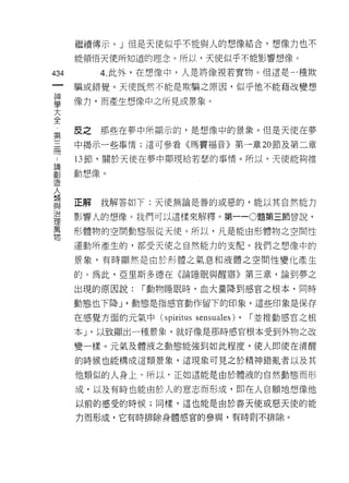 繼續傳示。」但是天使似乎不能與人的想像結合，想像力也不
        能領悟天使所知道的理念。所以，天使似乎不能影響想像。

434          4. 此外，在想像中，人是將像視若寶物。但這是一種欺
        騙或錯覺。天使既然不能是欺騙之原因，似乎他不能藉改變想

當       像力，而產生想像中之所見或景象。
大
全
第       反之那些在夢中所顯示的，是想像中的景象。但是天使在夢

開       中揭示一些事情;這可參看《瑪竇福音》第一章 20 節及第二章

        13 節，關於天使在夢中顯現給若瑟的事情。所以，天使能夠推
論

高1      動想像。
1早

λ
        正解   我解答如下:天使無論是善的或惡的，能以其自然能力
與
:1->,
J口
        影響人的想像。我們可以這樣來解釋。第一 -0 題第三節曾說，
理
萬
        形體物的空間動態服從天使。所以，凡是能由形體物之空間性
物
        運動所產生的，都受天使之自然能力的支配。我們之想像中的

        景象，有時顯然是由於形體之氣息和液體之空間性變化產生

        的。為此，亞里斯多德在《論睡眠與醒居》第三章，論自j 夢之

        出現的原因說:      r 動物睡眠時，血大量降到感官之根本，同時

        動態也下降 y 動態是指感官動作留下的印象，這些印象是保存

        在感覺方面的元氣中 (spiritus s巴 nsua1es)'   r 並推動感官之根

        本 J '以致顯出一種景象，就好像是那時感官根本受到外物之改

        變一樣。元氣及體液之動態能強到如此程度，使人即使在清醒

        的時候也能構成這類景象，這現象可見之於精神錯亂者以及其

        他類似的人身上。所以，正如這能是由於體液的自然動態而形

        成，以及有時也能由於人的意志而形成，即在人自願地想像他
        以前的感受的時候;同樣，這也能是由於善天使或惡天使的能

        力而形成，它有時排除身體感宮的參與，有時間l 不排除。
 