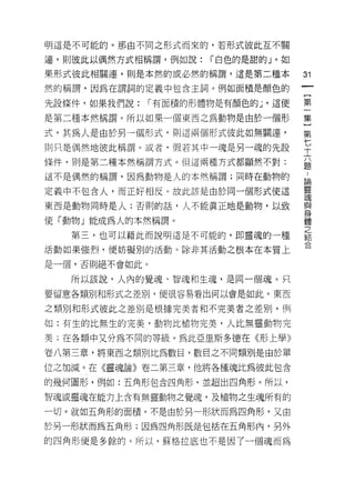 明這是不可能的。那由不同之形式而來的，若形式彼此互不關

連，則彼此以偶然方式相稱謂，例如說:     r 白色的是甜的」。如

果形式彼此相關連，則是本然的或必然的稱謂，這是第二種本
                                     出
                                     一
然的稱謂，因為在謂詞的定義中包含主詞。例如面積是顏色的
                                     {
先設條件，如果我們說:    r 有面積的形體物是有顏色的 y 這便
                                     第
是第二種本然稱謂。所以如果一個東西之為動物是由於一個形          一
式，其為人是由於另一個形式，貝 IJ 這兩個形式彼此如無關連，      集
則只是偶然地彼此稱謂。或者，假若其中一魂是另一魂的先設          }
條件，則是第二種本然稱謂方式。但這兩種方式都顯然不對:
                                     第
                                     七.. 論
                                     十靈
這不是偶然的稱謂，因為動物是人的本然稱謂;同時在動物的

定義中不包含人，而正好相反。故此該是由於同一個形式使這
                                     六 魂與
東西是動物同時是人;否則的話，人不能真正地是動物，以致          題 身體
使「動物」能成為人的本然稱謂。                          之
                                         結
   第三，也可以藉此而說明這是不可能的，即靈魂的一種              合
活動如果強烈，便妨礙別的活動。除非其活動之根本在本質上

是一個，否則絕不會如此。

   所以該說，人內的覺魂、智魂和生魂，是同一個魂。只

要留意各類別和形式之差別，便很容易看出何以會是如此。東西

之類別和形式彼此之差別是根據完美者和不完美者之差別，例

如:有生的比無生的完美，動物比植物完美，人比無靈動物完

美;在各類中又升為不同的等級。為此亞里斯多德在《形上學》

卷八第三章，將東西之類別比為數目，數目之不同類別是由於單

位之加滅。在《靈魂論》卷二第三章，他將各種魂比為彼此包含

的幾何圖形，例如:五角形包含四角形，並超出四角形。所以，

智魂或靈魂在能力上含有無靈動物之覺魂，及植物之生魂所有的

一切。就如五角形的面積，不是由於另一形狀而為四角形，又由

於另一形狀而為五角形;因為四角形既是包括在五角形內，另外

的四角形便是多餘的。所以，蘇格拉底也不是因了一個魂而為
 