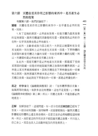第六節    天體在受其作用之影響的東西中，是否產生必

       然的效果
     有關第六節，我們討論如下:
                                     叫
                                     一
質疑天體在受其作用之影響的東西中，似平產生必然的效
                                     {
果。因為:                                第
     Î .有了足夠的原因，必然就有效果。但是天體乃是其效果     一
的足夠原因。既然天體連同其動態和性質，都被視為必然的存
                                     集
                                     }
在物，似乎其放果也是必然地產生。
                                     第
     2. 此外，主動者或效力因之能力，大到足以使質料完全受
                                     一
其支配時，則在質料上必然地產生其效果。但是，下界物體的          一
全部質料都受天體之力量的支配，有如受高層力量的支配。所          五
以，形體質料是必然地承受天體之效果。
                                     題
                                     ﹒
     3. 此外，假若天體不是必然地產生其效果，那是因了受到
                                     論
某原因的阻礙。但是任何能阻礙天體之效果的形體界原因，必
                                     形
然是以某天界東西為根本，因為天體是在下界所發生的一切事          體
物之原因。既然那個天界根本是必然的，乃是必然地阻礙另一          受
天體之效果，如此則在下界發生的一切事，都是必然發生的。          造
                                     物
                                     之
反之    哲學家在《論睡眠與醒措》說:   r 在形體界預示天象，
                                     作
如風雨等的徵兆，有許多並沒有應驗，這也不足見怪。 J (參看       用
《論睡眠中的預知》第二章)所以，天體之效果，不是全都必然

地產生。


正解    我解答如下:這個問題，有一部分在前面第四節已經有了

答案，一部分向有困難，須待解釋。前面曾經指出，雖然天體之

影響能在形體物上產生某些傾向，但意志並非必然地順從這些傾

向。所以，由於意志的作用並非不能阻礙天體之妓果，不只在人
自己身上，而且也在人之活動所能及的其他東西上。
 