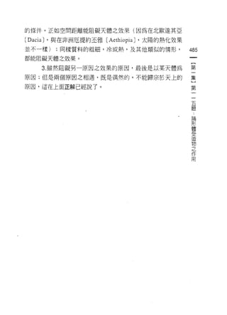的條件。正如空間距離能阻礙天體之效果(因為在北歐達其亞

(Dacia J '與在非洲厄提約丕雅 (Aethiopia J '太陽的熱化效果
並不一樣)   ;同樣質料的組細，冷或熱，及其他類似的情形，              485
都能阻礙天體之效果。

    3. 雖然阻礙另一原因之效果的原因，最後是以某天體為              第

原因;但是兩個原因之相遇，既是偶然的，不能歸宗於天上的                 集

原因，這在上面正解已經說了。                              第

                                             五
                                             題

                                                 論
                                                 影
                                                 體
                                                 受
                                                 造
                                                 物
                                                 之
                                                 作
                                                 用
 