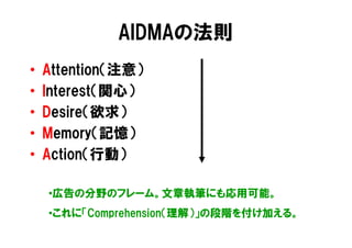AIDMAの法則
•   Attention（注意）
•   Interest（関心）
•   Desire（欲求）
•   Memory（記憶）
•   Action（行動）

    •広告の分野のフレーム。文章執筆にも応用可能。
    •これに「Comprehension（理解）」の段階を付け加える。
 