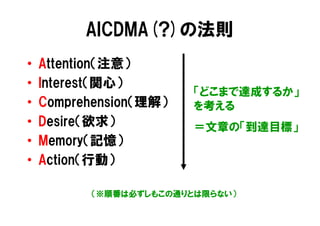 AICDMA(?)の法則
•   Attention（注意）
•   Interest（関心）
                        「どこまで達成するか」
•   Comprehension（理解）   を考える
•   Desire（欲求）          ＝文章の「到達目標」
•   Memory（記憶）
•   Action（行動）

          （※順番は必ずしもこの通りとは限らない）
 