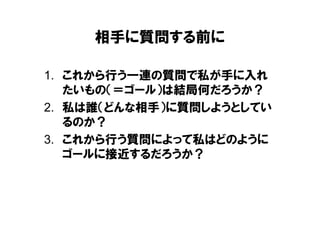 相手に質問する前に

1. これから行う一連の質問で私が手に入れ
   たいもの（＝ゴール）は結局何だろうか？
2. 私は誰（どんな相手）に質問しようとしてい
   るのか？
3. これから行う質問によって私はどのように
   ゴールに接近するだろうか？
 