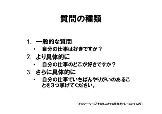 質問の種類

1. 一般的な質問
 •   自分の仕事は好きですか？
2. より具体的に
 •   自分の仕事のどこが好きですか？
3. さらに具体的に
 •   自分の仕事でいちばんやりがいのあるこ
     とを３つ挙げてください。


             （ドロシー・リーズ『その気にさせる質問力トレーニング』より）
 