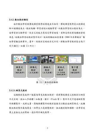 2.1.2. 數位教材類別
   由於數位學習與傳統課堂教學的環境並不相同，傳統課堂教學是以授課老
師口頭講授為主，教材為輔，學習者則以被動學習，而數位學習則以教材為主，
由學習者主動學習，依自已的能力來設定學習進度，老師這時改變為輔助者的
角色，故數位學習的教材製作設計，就相對顯的相當重要，2008 年吳聲毅在「數
位學習觀念與實作」書中，依教材呈現的方式不同，將數位學習教材區分為下
列 5 類[1]，如圖 2.1 所示：




                  圖 2.1：數位教材種類


2.1.2.1. 網頁式教材
   這類教材是我們一般最為常見的數位教材，其將傳統課堂上的教材以網頁
方式呈現，並加入多媒體（如動畫、圖片、Flash 等）
                          ，製作方式可透過網頁製
作軟體製作，或將文書、簡報軟體製作的教材直接另行輸出成網頁格式，此種
數位教材製作最為簡易，但學生只是瀏覽教材，無法聽到教師講解，在學習效
果上並無太大的幫助，適合用於補充教學。




                        5
 
