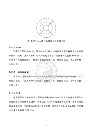 圖 2.20：GLOH 特徵描述子示意圖[36]


2.4.3.2. SURF
    SURF 於 2008 年由 Bay 等人所提出[38]，該特徵係將影像轉換為積分影像
以擷取特徵點，並改良 SIFT 特徵點描述之方法，因此運算速度較 SIFT 快。主
要分為「特徵點檢測」「計算特徵點分向性」及「特徵點描述」等三個步驟，
          、
分述如下：


2.4.3.2.1. 特徵點檢測
    此步驟主要檢測影像中的特徵點，可分為「積分影像(Integral Images)」
                                            、「尺
度空間建立」「海森矩陣(Hessian)特徵檢測」及「特徵點定位」等四個流程，
     、
分述如下：


1. 積分影像
    積分影像的目的在於可以利用查表(look-up table) 的方式快速計算影像中
任意矩形區域的像素值總和，此方法在 SURF 中使用遮罩運算時，當處理的區
域面積很大時，可以降低運算量和處理時間，其計算方法如公式(2.14)，所得積
分影像示意如圖 2.21 所示。




                           32
 