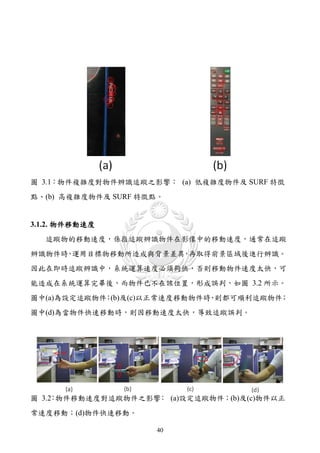 圖 3.1：物件複雜度對物件辨識追蹤之影響： (a) 低複雜度物件及 SURF 特徵
點、(b) 高複雜度物件及 SURF 特徵點。


3.1.2. 物件移動速度
   追蹤物的移動速度，係指追蹤辨識物件在影像中的移動速度，通常在追蹤
辨識物件時 運用目標物移動所造成與背景差異 再取得前景區域後進行辨識。
     ，               ，
因此在即時追蹤辨識中，系統運算速度必須夠快，否則移動物件速度太快，可
能造成在系統運算完畢後，而物件已不在該位置，形成誤判，如圖 3.2 所示。
圖中(a)為設定追蹤物件 (b)及(c)以正常速度移動物件時 則都可順利追蹤物件
            ；                 ，         ；
圖中(d)為當物件快速移動時，則因移動速度太快，導致追蹤誤判。




圖 3.2 物件移動速度對追蹤物件之影響 (a)設定追蹤物件；(b)及(c)物件以正
     ：              ：
常速度移動；(d)物件快速移動。

                     40
 