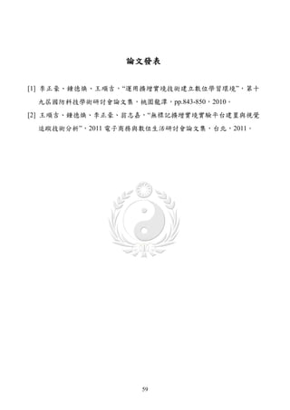 論文發表


[1] 李正豪、鍾德煥、王順吉，“運用擴增實境技術建立數位學習環境”，第十
 九屆國防科技學術研討會論文集，桃園龍潭，pp.843-850，2010。
[2] 王順吉、鍾德煥、李正豪、翁志嘉，“無標記擴增實境實驗平台建置與視覺
 追蹤技術分析”，2011 電子商務與數位生活研討會論文集，台北，2011。




                    59
 