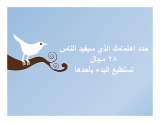 ‫ĪS‬Ĭ


‫ﺣﺪد اھﺘﻤﺎﻣﻚ اﻟﺬي ﺳﯿﻔﯿﺪ اﻟﻨﺎس‬
          ‫٨٢ ﻣﺠﺎل‬
    ‫‪1st Qtr‬ﺗﺴﺘﻄﯿﻊ اﻟﺒﺪء ﺑﺄﺣﺪھﺎ‬
                       ‫‪2nd Qtr‬‬
 
