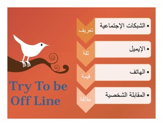 ‫• اﻟﺸﺒﻜﺎت اﻹﺟﺘﻤﺎﻋﯿﺔ‬
            ‫ﺗﻌﺮﯾﻒ‬

                               ‫• اﻹﯾﻤﯿﻞ‬
             ‫ﺛﻘﺔ‬

                               ‫• اﻟﮭﺎﺗﻒ‬
             ‫ﻗﯿﻤﺔ‬
‫‪Try To be‬‬
                      ‫• اﻟﻤﻘﺎﺑﻠﺔ اﻟﺸﺨﺼﯿﺔ‬
‫‪Off Line‬‬    ‫ﻋﻼﻗﺔ‬
 
