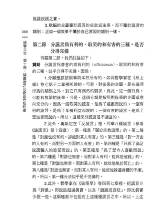 推話說謊之賞。

         3. 欺騙的企圖屬於謊言的成就或接果，而不屬於謊言的

368   類另 IJ; 正如一個效果不屬於自己原因的類別一樣。



華     第二節分謊言為有利的、取笑的和有害的三種，是否
室          分得完備
        有關第二節，我們討論如下:
第
十     質疑分謊言為善意的或有利的( officiosum) 、取笑的和有害
冊
      的三種，似乎分得不完備。因為:
華        1 分類應該按照事物本然所有的，如同哲學家在《形上
j車

之     學》卷七第十二章裡所說的。可是，對後果的企圖，是在倫理

是     行為的類別之外，對它只有偶然的關係。為此，從一個行為，
專     可能有無限的後果。可是，這個分類是按照對後果的企圖或意
到     向來分的。因為一個取笑的謊言，是為了嬉戲而說的;一個有
附
{惠    利的謊言，是為了某種利益而說的;一個有害的謊言，是為了

      想加害而說的。所以，這樣來分謊言是不適當的。

         2. 此外，奧斯定在「反謊言」裡，列舉八種謊言(參看

      《論謊言》第十四章)   :第一種是「關於宗教道理」的。第二種

      是「對誰也沒有利，卻能對某人有害 J 的。第三種是「對一方面

      的人有利，而對另一方面的人有害」的。第四種是「只為了滿足

      說謊騙人的慾望而說 J 的。第五種是「為了想令人喜歡而說」
      的。第六種是「對誰也無害，而對某人有利，能為他省錢」的。

      第七種是「對誰也無害，而對某人有利，能救他兔於死亡」的。

      第八種是「對誰也無害，而對某人有利，能使他躲避身體的不潔」

      的。所以，第一種分法似乎是不完備的。
         3. 此外，哲學家在《倫理學》卷四第七章裡，把謊言分

      為「誇張 J '即說話超過真實，以及「譏諷或自貶 J '即比真實
      少說一些。這兩種都不包括在上述種種謊言之中。所以，上述
 