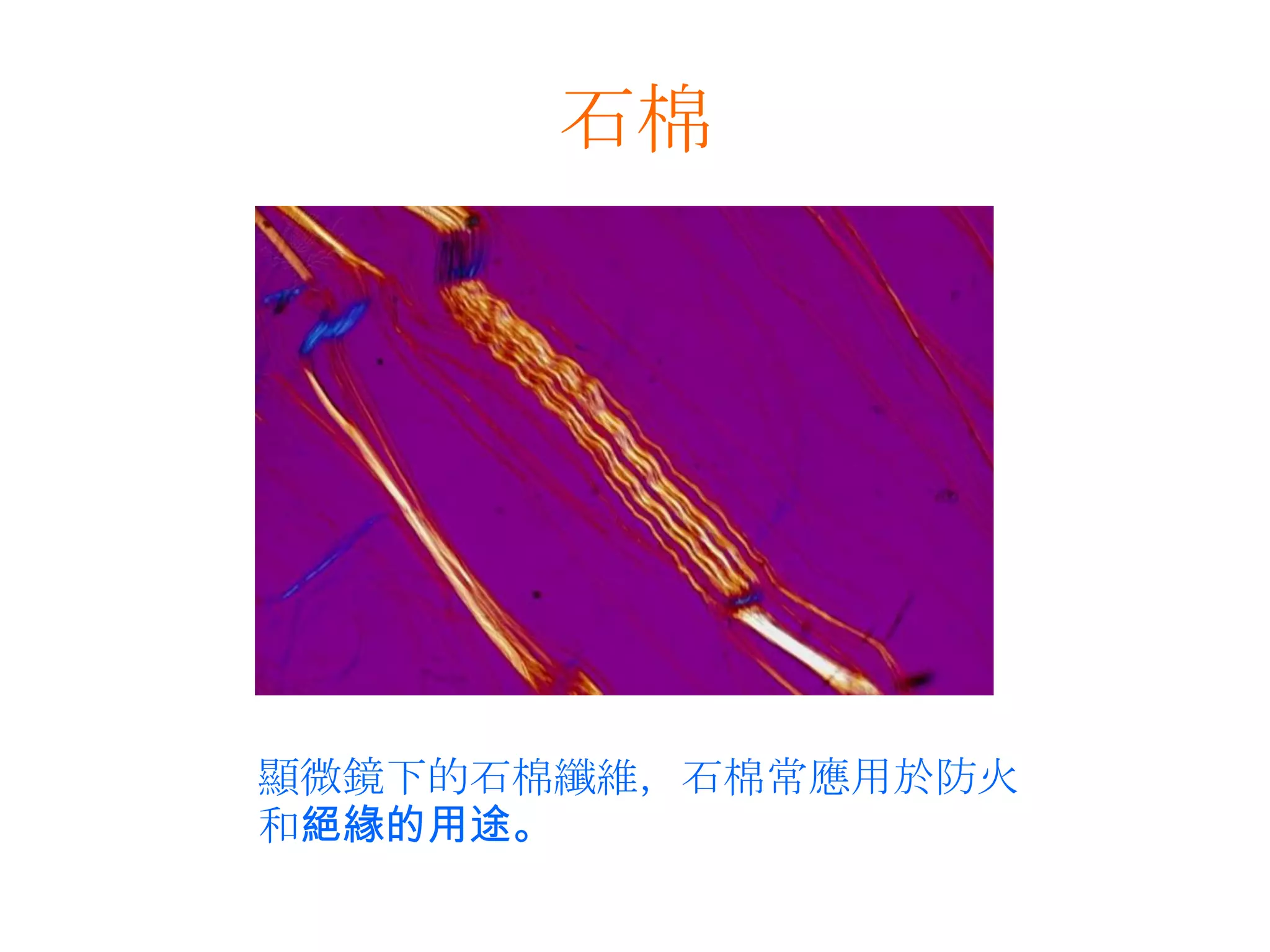 石棉顯微鏡下的石棉纖維，石棉常應用於防火和絕緣的用途。