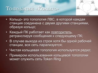 Топология «Кольцо»Кольцо- это топология ЛВС, в которой каждая станция соединена с двумя другими станциями, образуя кольцо;Каждый ПК работает как повторитель, ретранслируя сообщения к следующему ПК;В случае выхода из строя хотя бы одной рабочей станции, вся сеть парализуется;Чистая кольцевая топология используется редко;Примером использования кольцевой топологии может служить сеть Token Ring