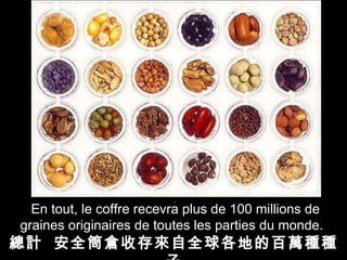 . En tout, le coffre recevra plus de 100 millions de graines originaires de toutes les parties du monde.   總計  安全筒倉收存來自全球各地的百萬種種子 