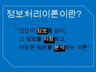 정보처리이론이란?“인간이 정보를 얻어, 그 정보를 저장하고, 저장된 정보를 분석하는 이론”