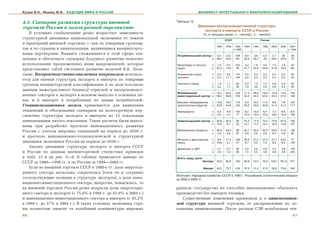 Кузык Б.Н., Яковец Ю.В.   БУДУЩЕЕ МИРА И РОССИИ                                  МАНИФЕСТ ИНТЕГРАЛЬНОГО МАКРОПРОГНОЗИРОВАНИЯ


4.3. Ñöåíàðèè ðàçâèòèÿ ñòðóêòóðû âíåøíåé                          Таблица 12
                                                                                 Динамика воспроизводственной структуры
òîðãîâëè Ðîññèè â äîëãîñðî÷íîé ïåðñïåêòèâå
                                                                                    экспорта и импорта СССР и России
   Â óñëîâèÿõ ãëîáàëèçàöèè ðåçêî âîçðàñòàåò çàâèñèìîñòü                               (%, в текущих ценах; э – экспорт, и – импорт)
ñòðóêòóðíîé äèíàìèêè íàöèîíàëüíîé ýêîíîìèêè îò òåìïîâ                                                 СССР                          Россия
è ïðîïîðöèé âíåøíåé òîðãîâëè — êàê ïî òîâàðíûì ãðóïïàì,
                                                                                               1980   1990    1990    1994   1995    1998    2000   2004    2004
òàê è ïî ñòðàíàì è öèâèëèçàöèÿì, ÿâëÿþùèìñÿ âíåøíåòîðãî-                                                     к 1980                                        к 1994
âûìè ïàðòíåðàìè. Âûÿâèòü ñëîæèâøèåñÿ â ýòîé ñôåðå òåí-            Потребительский сектор э      6,3    6,8    108      6,9    3,6    4,5      2,7    26     38
äåíöèè è îáîñíîâàòü ñöåíàðèè áóäóùåãî ðàçâèòèÿ ïîìîãàåò                                  и     38,5   34,6    90      32,2   34,2    29      28,5   23,9    73

èñïîëüçîâàíèå ïðåäëîæåííûõ íàìè ìàêðîìîäåëåé, êîòîðûå             Продтовары и сельхоз.    э   1,9    2,0     105      4,2    1,8     3,0     1,6    1,8    43
ïðåäñòàâëÿþò ñîáîé ñèñòåìíîå ðàçâèòèå ìîäåëåé Â.Â. Ëåîí-          сырье                    и   24,2   15,8    65      27,7   24,8    24,8    21,8   18,3    66

òüåâà. Âîñïðîèçâîäñòâåííî-öèêëè÷íàÿ ìàêðîìîäåëü èñïîëüçó-         Кожевенное сырье,        э   2,5    3,6     144     0,5    0,3     0,5      0,4   0,2     40
                                                                  пушнина                  и   12,1   17,7    146     0,6    0,4     0,3      0,4   0,3     50
åòñÿ äëÿ îöåíêè ñòðóêòóðû ýêñïîðòà è èìïîðòà ïî òîâàðíûì
ãðóïïàì âíåøíåòîðãîâîé êëàññèôèêàöèè è ïî äîëå (ñîãëàñíî          Текстиль и обувь         э   1,9    1,7     63      2,0    1,2     1,2      0,8   0,5     30
                                                                                           и   2,2    1,1     50      7,9    4,0     4,0      5,9   4,3     40
äàííûì ìåæîòðàñëåâîãî áàëàíñà) îòðàñëåé è âîñïðîèçâîäñò-
                                                                  Инновационно          э      19,1   22,9    120     11,5   20,2    19,9    15,9   14,4    125
âåííûõ ñåêòîðîâ â ýêñïîðòå â âàëîâîì âûïóñêå â îñíîâíûõ öå-       инвестиционный сектор и      39,2   48,9    126     45,2   44,5    50,0    49,4   57,0    126
íàõ è â èìïîðòå â ïîòðåáëåíèè ïî öåíàì ïîòðåáèòåëåé.              Машины, оборудование,    э   15,8   18,3    116      6,3   10,2    11,5    8,8     7,8    124
Ãåîöèâèëèçàöèîííàÿ ìîäåëü ïðèìåíÿåòñÿ äëÿ âûÿâëåíèÿ               транспортные средства    и   33,9   44,8    132     35,2   33,6    35,9    31,4   41,2    117

òåíäåíöèé è îáîñíîâàíèÿ ñöåíàðèåâ íà äîëãîñðî÷íóþ ïåð-            Химпродукты              э   3,3    4,6     139      8,2   10,0     8,4     7,2    6,6    6,6
ñïåêòèâó ñòðóêòóðû ýêñïîðòà è èìïîðòà ïî 12 ëîêàëüíûì                                      и   5,3    4,1     77      10,0   10,9    15,0    18,0   15,8    158

öèâèëèçàöèÿì ïÿòîãî ïîêîëåíèÿ. Òàêèå ðàñ÷åòû áûëè âûïîë-          Энергосырьевой сектор э      59,8   55,5    93      75,4   77,5    74,5    79.8   81,9    109
                                                                                        и      15,8   8,7     55      14,7   17,3    16,4    18.4   15,8    107
íåíû ïðè ðàçðàáîòêå ïðîãíîçà èííîâàöèîííîãî ðàçâèòèÿ
Ðîññèè ñ ó÷åòîì ìèðîâûõ òåíäåíöèé íà ïåðèîä äî 2050 ã.            Минеральные продукты     э   46,9   40,5    96      45,1   42,5    42,5    53,8   57,8    128
                                                                                           и    3,0    2,6    87       6,5    5,6     5,6     6,3    4,0     62
è ïðîãíîçà èííîâàöèîííî-òåõíîëîãè÷åñêîé è ñòðóêòóðíîé
                                                                  Металлы и драгоценные    э   8,8    11,3    136     26,4   27,2    27,2    21,7   20,2    77
äèíàìèêè ýêîíîìèêè Ðîññèè íà ïåðèîä äî 2030 ã.                    камни                    и   10,8   5,1     47       6,7    8,5     7,0     8,3    8,0    129
   Àíàëèç äèíàìèêè ñòðóêòóðû ýêñïîðòà è èìïîðòà ÑÑÑÐ              Древесина и ЦБП          э   4,1    3,7     90      3,9    5,6     4,8      4,3   3,9     100
è Ðîññèè ïî äàííûì âíåøíåòîðãîâîé ñòàòèñòèêè ïðèâåäåí                                      и   2,0    1,0     50      1,5    2,4     3,8      3,8   3,8     253

â òàáë. 12 è íà ðèñ. 5—6. Â òàáëèöå ïðèâîäÿòñÿ äàííûå ïî          Всего, млрд. долл.
ÑÑÑÐ çà 1980—1990 ãã. è ïî Ðîññèè çà 1994—2004 ãã.                                  Экспорт    40,6   60,8    150     66,9   73,0    73,0    103,1 181,6    271

   Åñëè âî âíåøíåé òîðãîâëå ÑÑÑÐ â 1980-å ãã. äîëÿ ýíåðãîñû-                          Импорт   44,5   70,7    159     37,0   31,0    31,0    33,9   75,6    204
ðüåâîãî ñåêòîðà íåñêîëüêî ñîêðàòèëàñü (õîòÿ îí è ñîõðàíèë
                                                                  Источник: Народное хозяйство СССР в 1990 г. Российский статистический сборник
ãîñïîäñòâóþùèå ïîçèöèè â ñòðóêòóðå ýêñïîðòà), à äîëÿ èííî-        за 2000 и 2005 гг.
âàöèîííî-èíâåñòèöèîííîãî ñåêòîðà, íàïðîòèâ, ïîâûñèëàñü, òî
âî âíåøíåé òîðãîâëå Ðîññèè ðåçêî âîçðàñëè äîëè ýíåðãîñûðü-        ðûíêîâ, ãîñóäàðñòâî íå ñïîñîáíî èííîâàöèîííî îáíîâëÿòü
åâîãî ñåêòîðà â ýêñïîðòå (ñ 75,4% â 1994 ã. äî 81,9% â 2004 ã.)   ïðîèçâîäñòâî áåç èìïîðòà òåõíèêè.
è èííîâàöèîííî-èíâåñòèöèîííîãî ñåêòîðà â èìïîðòå (ñ 45,2%            Ñóùåñòâåííûå èçìåíåíèÿ ïðîèçîøëè è â öèâèëèçàöèîí-
â 1994 ã. äî 57% â 2004 ã.). Â òàêèõ óñëîâèÿõ ýêîíîìèêà ñòðà-     íîé ñòðóêòóðå âíåøíåé òîðãîâëè, åå ðàñïðåäåëåíèè ïî ëî-
íû ïîëíîñòüþ çàâèñèò îò êîëåáàíèé êîíúþíêòóðû ìèðîâûõ             êàëüíûì öèâèëèçàöèÿì. Ïîñëå ðàñïàäà ÑÝÂ âîçîáëàäàëà òåí-
66                                                                                                                                                            67
 