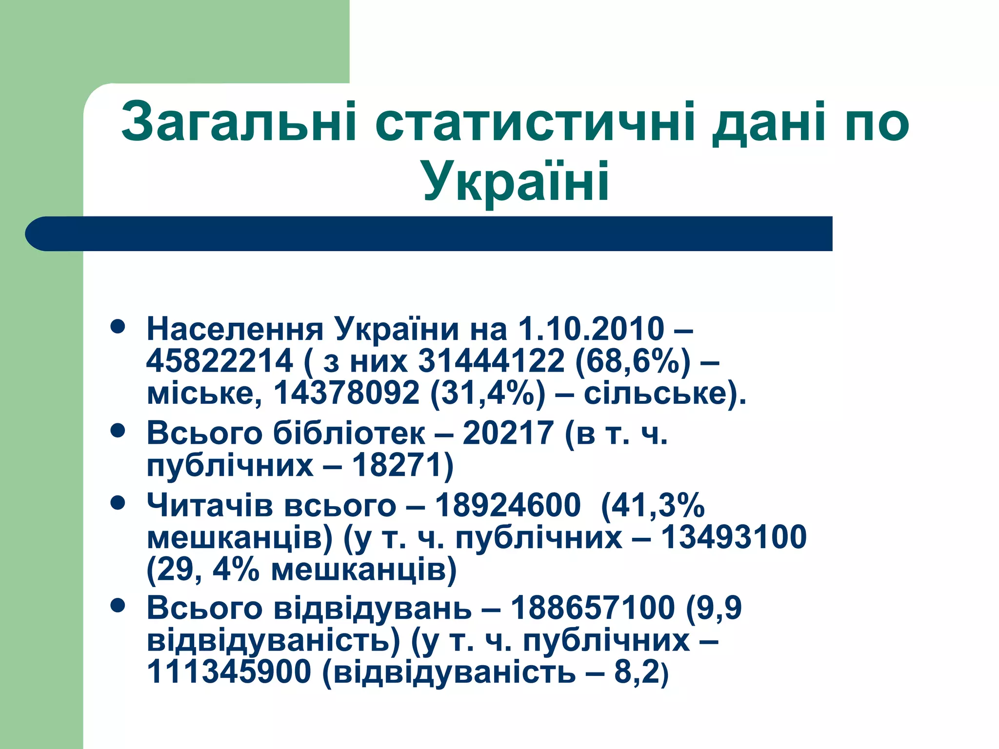 Загальні статистичні дані по Україні Населення України на 1.10.2010 – 45822214 ( з них 31444122 (68,6%) – міське, 14378092 (31,4%) – сільське). Всього бібліотек – 20217 (в т. ч. публічних – 18271) Читачів всього – 18924600  (41,3% мешканців) (у   т. ч. публічних – 13493100 (29, 4% мешканців) Всього відвідувань – 188657100 (9,9 відвідуваність) (у т. ч. публічних – 111345900 (відвідуваність – 8,2 ) 
