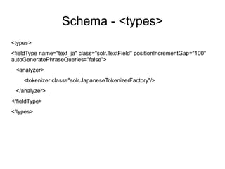 Schema - <types>
<types>
<fieldType name="text_ja" class="solr.TextField" positionIncrementGap="100"
autoGeneratePhraseQueries="false">
 <analyzer>
    <tokenizer class="solr.JapaneseTokenizerFactory"/>
 </analyzer>
</fieldType>
</types>
 