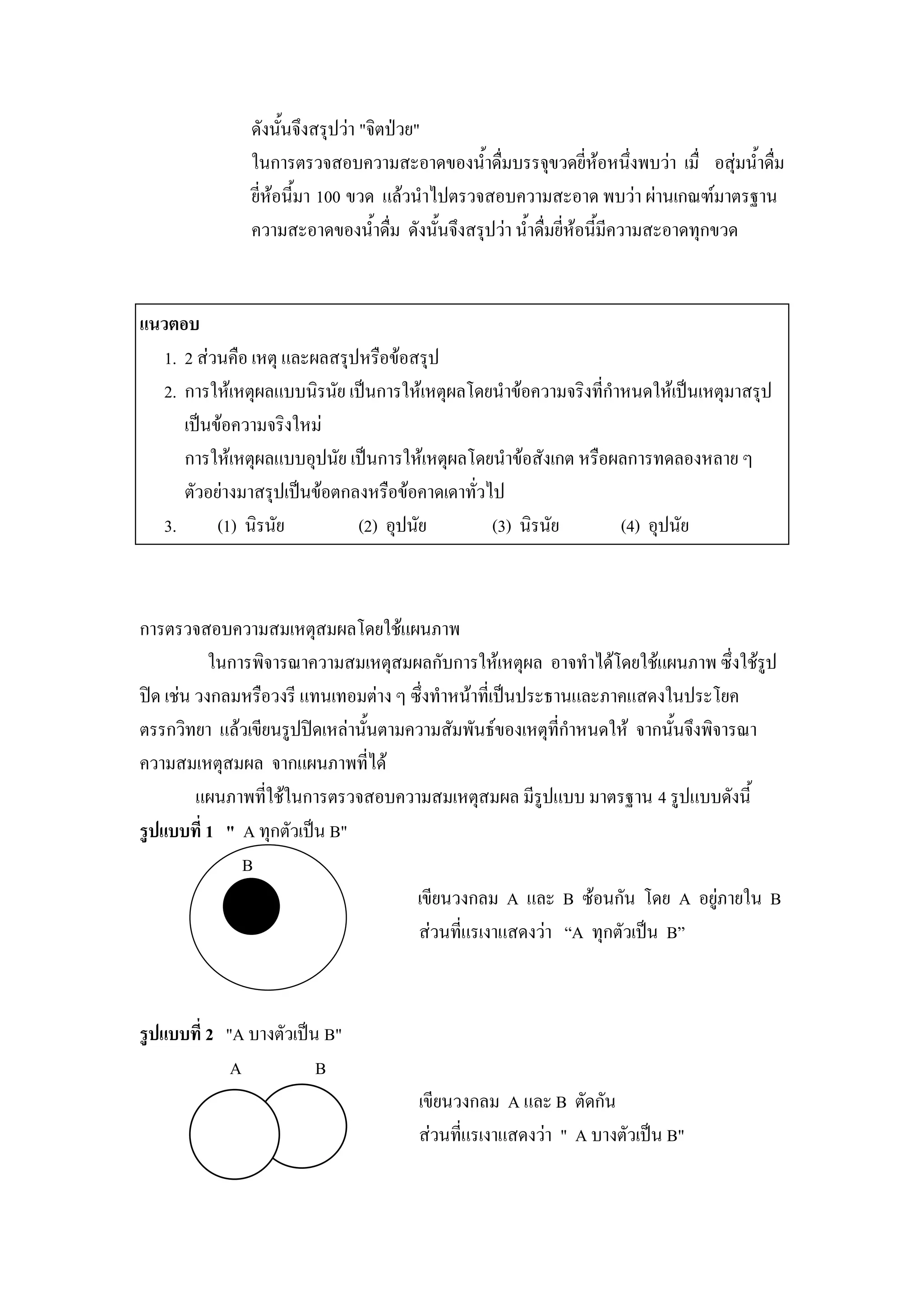 ดังนั้นจึงสรุปว่า "จิตป่วย"
                ในการตรวจสอบความสะอาดของน้าดื่มบรรจุขวดยี่ห้อหนึ่งพบว่า เมื่ อสุ่มน้าดื่ม
                ยี่ห้อนี้มา 100 ขวด แล้วนาไปตรวจสอบความสะอาด พบว่า ผ่านเกณฑ์มาตรฐาน
                ความสะอาดของน้าดื่ม ดังนั้นจึงสรุปว่า น้าดื่มยี่ห้อนี้มีความสะอาดทุกขวด


แนวตอบ
   1. 2 ส่วนคือ เหตุ และผลสรุปหรือข้อสรุป
   2. การให้เหตุผลแบบนิรนัย เป็นการให้เหตุผลโดยนาข้อความจริงที่กาหนดให้เป็นเหตุมาสรุป
      เป็นข้อความจริงใหม่
      การให้เหตุผลแบบอุปนัย เป็นการให้เหตุผลโดยนาข้อสังเกต หรือผลการทดลองหลาย ๆ
      ตัวอย่างมาสรุปเป็นข้อตกลงหรือข้อคาดเดาทั่วไป
   3.      (1) นิรนัย         (2) อุปนัย         (3) นิรนัย      (4) อุปนัย



การตรวจสอบความสมเหตุสมผลโดยใช้แผนภาพ
           ในการพิจารณาความสมเหตุสมผลกับการให้เหตุผล อาจทาได้โดยใช้แผนภาพ ซึ่งใช้รูป
ปิด เช่น วงกลมหรือวงรี แทนเทอมต่าง ๆ ซึ่งทาหน้าที่เป็นประธานและภาคแสดงในประโยค
ตรรกวิทยา แล้วเขียนรูปปิดเหล่านั้นตามความสัมพันธ์ของเหตุที่กาหนดให้ จากนั้นจึงพิจารณา
ความสมเหตุสมผล จากแผนภาพที่ได้
         แผนภาพที่ใช้ในการตรวจสอบความสมเหตุสมผล มีรูปแบบ มาตรฐาน 4 รูปแบบดังนี้
รู ปแบบที่ 1 " A ทุกตัวเป็น B"
               B
               A                      เขียนวงกลม A และ B ซ้อนกัน โดย A อยู่ภายใน B
                                      ส่วนที่แรเงาแสดงว่า “A ทุกตัวเป็น B”



รู ปแบบที่ 2 "A บางตัวเป็น B"
              A           B
                        B             เขียนวงกลม A และ B ตัดกัน
                                      ส่วนที่แรเงาแสดงว่า " A บางตัวเป็น B"
 