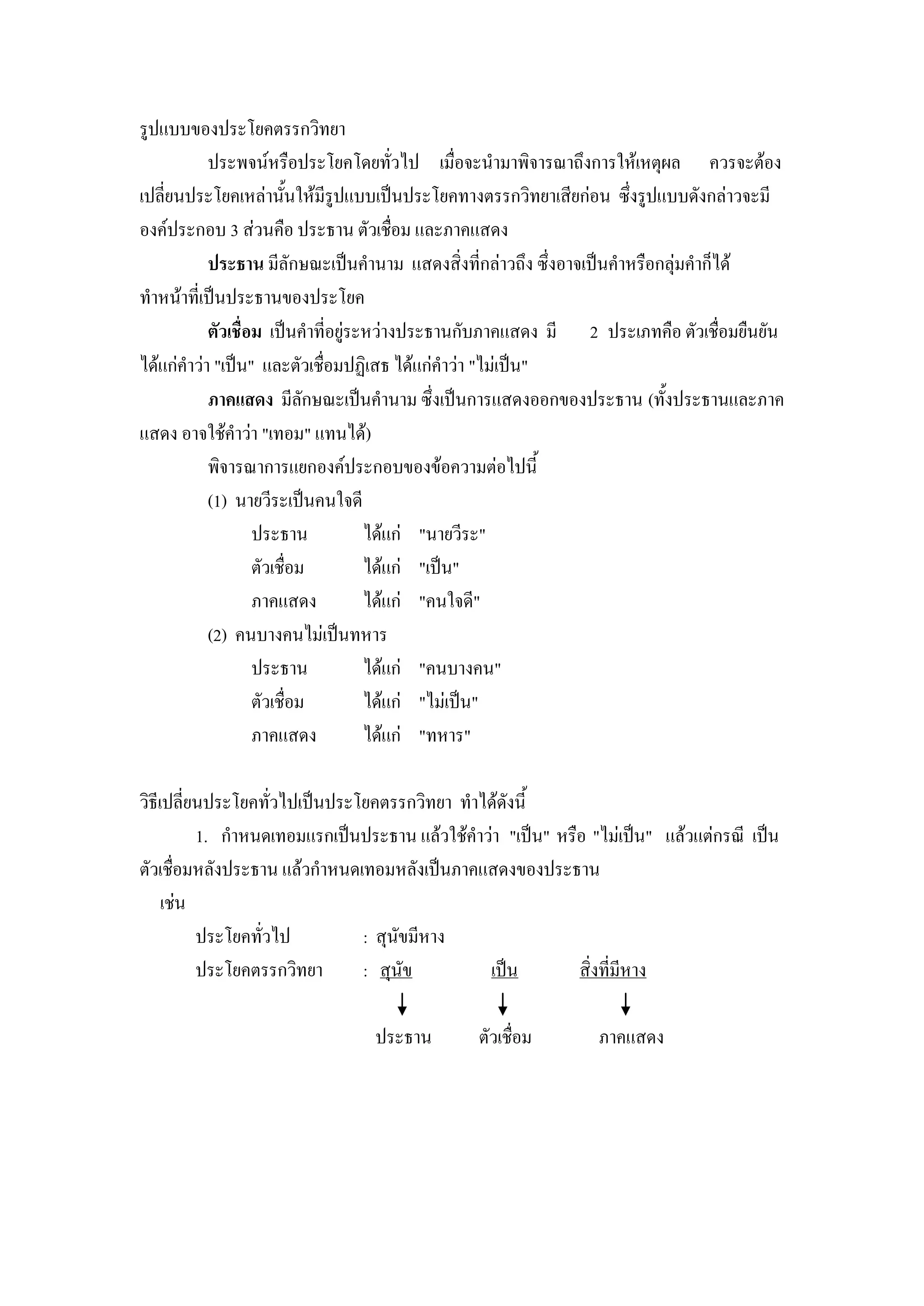 รูปแบบของประโยคตรรกวิทยา
           ประพจน์หรือประโยคโดยทั่วไป เมื่อจะนามาพิจารณาถึงการให้เหตุผล ควรจะต้อง
เปลี่ยนประโยคเหล่านั้นให้มีรูปแบบเป็นประโยคทางตรรกวิทยาเสียก่อน ซึ่งรูปแบบดังกล่าวจะมี
องค์ประกอบ 3 ส่วนคือ ประธาน ตัวเชื่อม และภาคแสดง
           ประธาน มีลักษณะเป็นคานาม แสดงสิ่งที่กล่าวถึง ซึ่งอาจเป็นคาหรือกลุ่มคาก็ได้
ทาหน้าที่เป็นประธานของประโยค
           ตัวเชื่อม เป็นคาที่อยู่ระหว่างประธานกับภาคแสดง มี 2 ประเภทคือ ตัวเชื่อมยืนยัน
ได้แก่คาว่า "เป็น" และตัวเชื่อมปฏิเสธ ได้แก่คาว่า "ไม่เป็น"
           ภาคแสดง มีลักษณะเป็นคานาม ซึ่งเป็นการแสดงออกของประธาน (ทั้งประธานและภาค
แสดง อาจใช้คาว่า "เทอม" แทนได้)
           พิจารณาการแยกองค์ประกอบของข้อความต่อไปนี้
           (1) นายวีระเป็นคนใจดี
                   ประธาน           ได้แก่ "นายวีระ"
                   ตัวเชื่อม        ได้แก่ "เป็น"
                   ภาคแสดง          ได้แก่ "คนใจดี"
           (2) คนบางคนไม่เป็นทหาร
                   ประธาน           ได้แก่ "คนบางคน"
                   ตัวเชื่อม        ได้แก่ "ไม่เป็น"
                   ภาคแสดง          ได้แก่ "ทหาร"

วิธีเปลี่ยนประโยคทั่วไปเป็นประโยคตรรกวิทยา ทาได้ดังนี้
          1. กาหนดเทอมแรกเป็นประธาน แล้วใช้คาว่า "เป็น" หรือ "ไม่เป็น" แล้วแต่กรณี เป็น
ตัวเชื่อมหลังประธาน แล้วกาหนดเทอมหลังเป็นภาคแสดงของประธาน
     เช่น
          ประโยคทั่วไป         : สุนัขมีหาง
          ประโยคตรรกวิทยา      : สุนัข        เป็น         สิ่งที่มีหาง

                                ประธาน        ตัวเชื่อม       ภาคแสดง
 