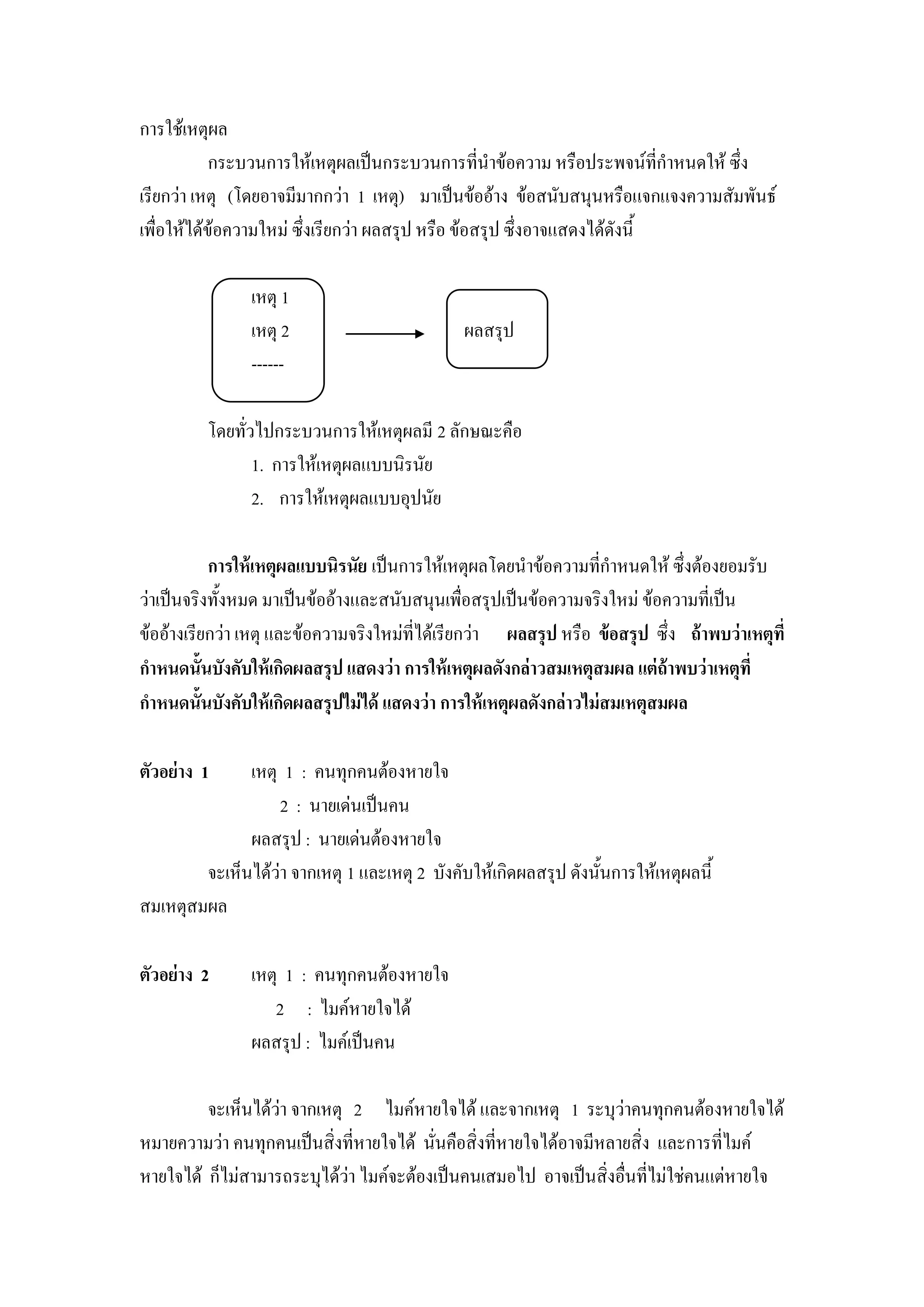 การใช้เหตุผล
            กระบวนการให้เหตุผลเป็นกระบวนการที่นาข้อความ หรือประพจน์ที่กาหนดให้ ซึ่ง
เรียกว่า เหตุ (โดยอาจมีมากกว่า 1 เหตุ) มาเป็นข้ออ้าง ข้อสนับสนุนหรือแจกแจงความสัมพันธ์
เพื่อให้ได้ข้อความใหม่ ซึ่งเรียกว่า ผลสรุป หรือ ข้อสรุป ซึ่งอาจแสดงได้ดังนี้

                 เหตุ 1
                 เหตุ 2                          ผลสรุป
                 ------

          โดยทั่วไปกระบวนการให้เหตุผลมี 2 ลักษณะคือ
                 1. การให้เหตุผลแบบนิรนัย
                 2. การให้เหตุผลแบบอุปนัย

           การให้ เหตุผลแบบนิรนัย เป็นการให้เหตุผลโดยนาข้อความที่กาหนดให้ ซึ่งต้องยอมรับ
ว่าเป็นจริงทั้งหมด มาเป็นข้ออ้างและสนับสนุนเพื่อสรุปเป็นข้อความจริงใหม่ ข้อความที่เป็น
ข้ออ้างเรียกว่า เหตุ และข้อความจริงใหม่ที่ได้เรียกว่า ผลสรุ ป หรือ ข้ อสรุ ป ซึ่ง ถ้ าพบว่ าเหตุที่
กาหนดนั้นบังคับให้ เกิดผลสรุ ป แสดงว่ า การให้ เหตุผลดังกล่ าวสมเหตุสมผล แต่ ถ้าพบว่ าเหตุที่
กาหนดนั้นบังคับให้ เกิดผลสรุ ปไม่ ได้ แสดงว่ า การให้ เหตุผลดังกล่ าวไม่ สมเหตุสมผล

ตัวอย่าง 1    เหตุ 1 : คนทุกคนต้องหายใจ
                   2 : นายเด่นเป็นคน
              ผลสรุป : นายเด่นต้องหายใจ
        จะเห็นได้ว่า จากเหตุ 1 และเหตุ 2 บังคับให้เกิดผลสรุป ดังนั้นการให้เหตุผลนี้
สมเหตุสมผล

ตัวอย่าง 2       เหตุ 1 : คนทุกคนต้องหายใจ
                    2 : ไมค์หายใจได้
                 ผลสรุป : ไมค์เป็นคน

         จะเห็นได้ว่า จากเหตุ 2 ไมค์หายใจได้ และจากเหตุ 1 ระบุว่าคนทุกคนต้องหายใจได้
หมายความว่า คนทุกคนเป็นสิ่งที่หายใจได้ นั่นคือสิ่งที่หายใจได้อาจมีหลายสิ่ง และการที่ไมค์
หายใจได้ ก็ไม่สามารถระบุได้ว่า ไมค์จะต้องเป็นคนเสมอไป อาจเป็นสิ่งอื่นที่ไม่ใช่คนแต่หายใจ
 