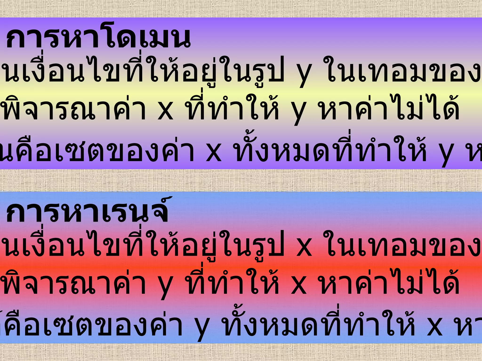 การหาโดเมน   1.  เขียนเงื่อนไขที่ให้อยู่ในรูป  y  ในเทอมของ  x   2.  พิจารณาค่า  x   ที่ทำให้  y   หาค่าไม่ได้  3.  โดเมนคือเซตของค่า  x   ทั้งหมดที่ทำให้  y   หาค่าได้  การหาเรนจ์   1.  เขียนเงื่อนไขที่ให้อยู่ในรูป  x  ในเทอมของ  y   2.  พิจารณาค่า  y   ที่ทำให้  x   หาค่าไม่ได้  3.  เรนจ์คือเซตของค่า  y   ทั้งหมดที่ทำให้  x   หาค่าได้  