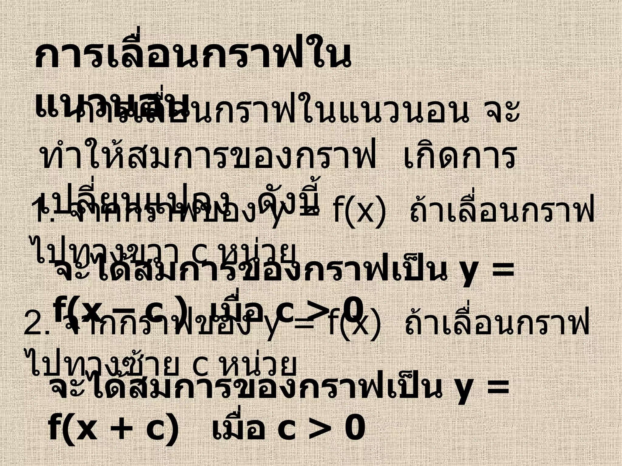 การเลื่อนกราฟในแนวนอน 1.  จากกราฟของ  y = f(x)   ถ้า เลื่อนกราฟไปทางขวา  c   หน่วย จะได้สมการของกราฟเป็น  y = f(x – c )   เมื่อ  c > 0 2.  จากกราฟของ  y = f(x)   ถ้า เลื่อนกราฟไปทางซ้าย  c   หน่วย จะได้สมการของกราฟเป็น  y = f(x + c)   เมื่อ  c > 0 การเลื่อนกราฟในแนวนอน จะทำให้สมการของกราฟ  เกิดการเปลี่ยนแปลง  ดังนี้  