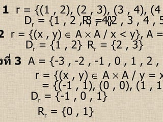 ตัวอย่างที่  1   r = {(1 , 2), (2 , 3), (3 , 4), (4 , 5)} D r  = {1 , 2 , 3 , 4} R r  = {2 , 3 , 4 , 5}   ตัวอย่างที่  2   r = {(x , y)    A    A / x < y}, A = {1 , 2 , 3} D r  = {1 , 2} R r  = {2 , 3}   ตัวอย่างที่  3   A = {-3 , -2 , -1 , 0 , 1 , 2 , 3} D r  = {-1 , 0 , 1} R r  = {0 , 1}     r = {(x , y)    A    A / y = x 2 }   = {(-1 , 1), (0 , 0), (1 , 1)} 