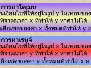 การหาโดเมน   1.  เขียนเงื่อนไขที่ให้อยู่ในรูป  y  ในเทอมของ  x   2.  พิจารณาค่า  x   ที่ทำให้  y   หาค่าไม่ได้  3.  โดเมนคือเซตของค่า  x   ทั้งหมดที่ทำให้  y   หาค่าได้  การหาเรนจ์   1.  เขียนเงื่อนไขที่ให้อยู่ในรูป  x  ในเทอมของ  y   2.  พิจารณาค่า  y   ที่ทำให้  x   หาค่าไม่ได้  3.  เรนจ์คือเซตของค่า  y   ทั้งหมดที่ทำให้  x   หาค่าได้  