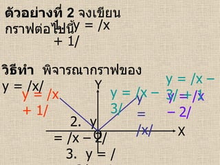 ตัวอย่างที่  2  จงเขียนกราฟต่อไปนี้   1.  y = /x + 1/  2.   y = /x – 2/  3.  y = /x – 3/ + 1   วิธีทำ  พิจารณากราฟของ  y = /x/ X Y O y   = /x/ y   = /x + 1/ y   = /x – 2/  y   = /x – 3/ + 1  y   = /x – 3/  
