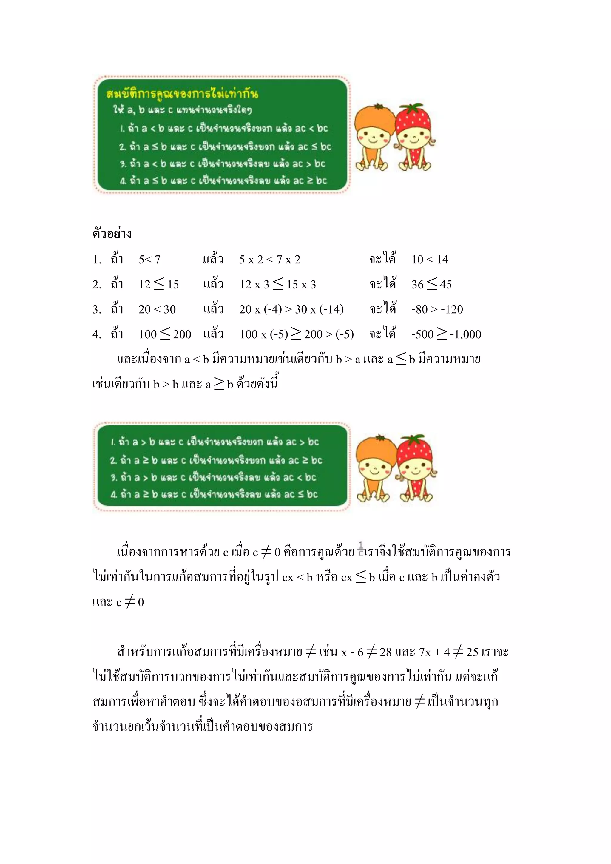 ตัวอย่าง
1. ถ้า 5< 7           แล้ว 5 x 2 < 7 x 2              จะได้ 10 < 14
2. ถ้า 12 ≤ 15 แล้ว 12 x 3 ≤ 15 x 3                   จะได้ 36 ≤ 45
3. ถ้า 20 < 30 แล้ว 20 x (-4) > 30 x (-14) จะได้ -80 > -120
4. ถ้า 100 ≤ 200 แล้ว 100 x (-5) ≥ 200 > (-5) จะได้ -500 ≥ -1,000
     และเนื่องจาก a < b มีความหมายเช่นเดียวกับ b > a และ a ≤ b มีความหมาย
เช่นเดียวกับ b > b และ a ≥ b ด้วยดังนี้




     เนื่องจากการหารด้วย c เมื่อ c ≠ 0 คือการคูณด้วย เราจึงใช้สมบัติการคูณของการ
ไม่เท่ากันในการแก้อสมการที่อยู่ในรูป cx < b หรือ cx ≤ b เมื่อ c และ b เป็นค่าคงตัว
และ c ≠ 0

     สาหรับการแก้อสมการที่มีเครื่องหมาย ≠ เช่น x - 6 ≠ 28 และ 7x + 4 ≠ 25 เราจะ
ไม่ใช้สมบัติการบวกของการไม่เท่ากันและสมบัติการคูณของการไม่เท่ากัน แต่จะแก้
สมการเพื่อหาคาตอบ ซึ่งจะได้คาตอบของอสมการที่มีเครื่องหมาย ≠ เป็นจานวนทุก
จานวนยกเว้นจานวนที่เป็นคาตอบของสมการ
 