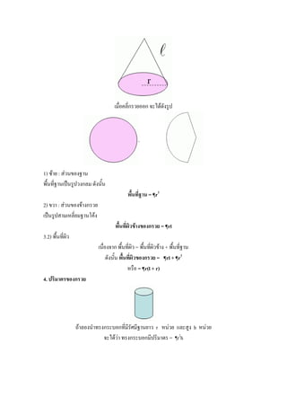 เมื่อคลี่กรวยออก จะได้ดังรูป




1) ซ้าย : ส่วนของฐาน
พื้นที่ฐานเป็นรูปวงกลม ดังนั้น
                                           พื้นที่ฐาน = ¶r2
2) ขวา : ส่วนของข้างกรวย
เป็นรูปสามเหลี่ยมฐานโค้ง
                                    พื้นที่ผิวข้างของกรวย = ¶rl
3.2) พื้นที่ผิว
                           เนื่องจาก พื้นที่ผิว = พื้นที่ผิวข้าง + พื้นที่ฐาน
                                ดังนั้น พื้นที่ผิวของกรวย = ¶rl + ¶r2
                                            หรือ = ¶r(l + r)
4. ปริมาตรของกรวย




                  ถ้าลองนาทรงกระบอกที่มีรัศมีฐานยาว r หน่วย และสูง h หน่วย
                             จะได้ว่า ทรงกระบอกมีปริมาตร = ¶r2h
 